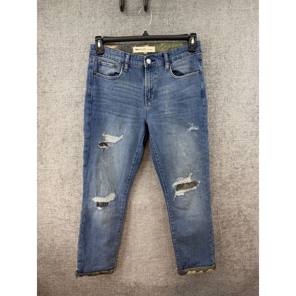 Gap Best Girlfriend Jeans Womens 28‎ Blue Excellent Camo Cuff Distressed Denim